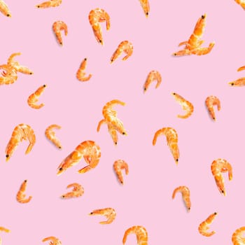 Seamless pattern made from Prawn isolated on a pink background. Tiger shrimp. Seafood seamless pattern with shrimps. seafood pattern
