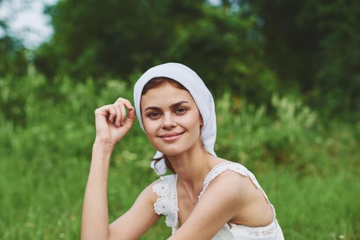 Woman in white dress countryside village nature ecology. High quality photo