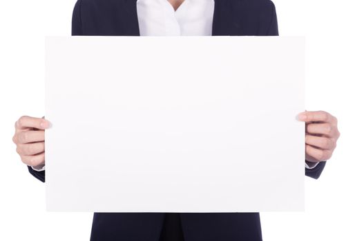 business woman holding a blank paper sheet isolated on white background