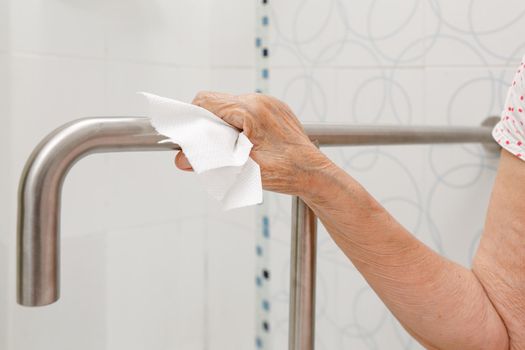 Elderly woman holding on handrail in toilet.