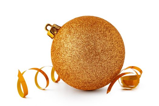 Gold sparkling Christmas bauble isolated on white background, close up