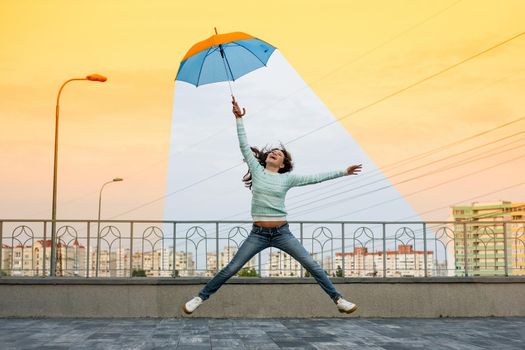 Global warming girl holding an umbrella is in a comfortable climate