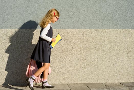 Back to school! Schoolgirl with notebooks in hand. A girl with a backpack goes to school.