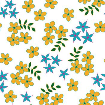 Seamless Repeat Pattern with Flowers and Leaves on white background. Hand drawn fabric, gift wrap, wall art design.