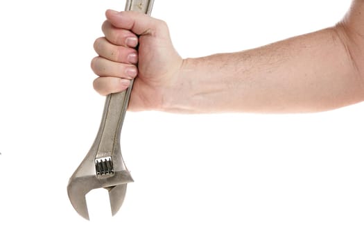 Hand holds an adjustable wrench on a white background, template for designers.
