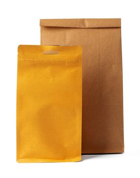 Brown craft paper bag packaging template on white background close up