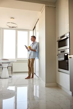 Happy beautiful handsome smiling caucasian man is relaxing at modern light home