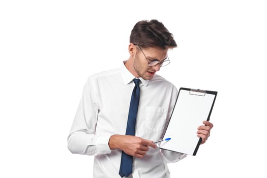 man in white shirt with tie office emotions studio lifestyle. High quality photo