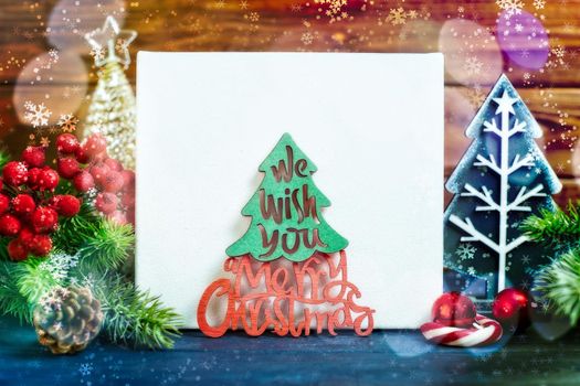 Wooden table decorated with Christmas gifts. Background with copy space mockup. Merry Christmas and happy new year.