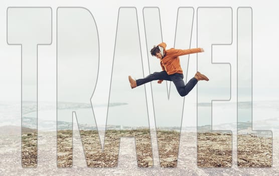 Double exposure of young man jumping outdoor with word travel.