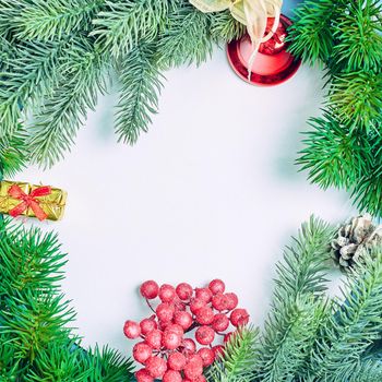 Wooden table decorated with Christmas gifts. Background with copy space mockup. Merry Christmas and happy new year.