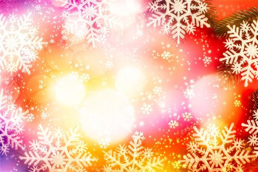 Red Christmas holidays background; greeting card , Christmas card with fir and decor on glitter background