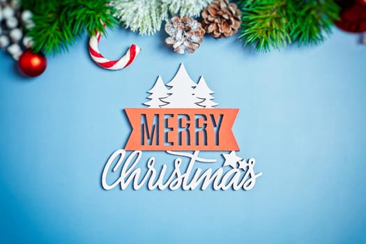 Christmas background with fir tree and decor. Top view with copy space