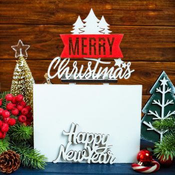 Christmas background with festive decoration and text , Merry Christmas and happy new year concept