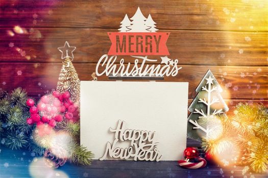 Christmas background with festive decoration and text , Merry Christmas and happy new year concept