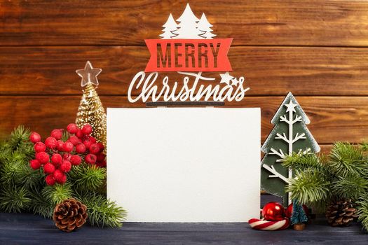 Christmas Decoration With Ornament And Defocused Lights , Christmas card with fir and decor on glitter background