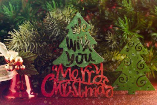 Christmas tree branches with snow and paper card note. Flat lay. Nature New Year concept.