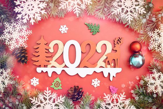 Christmas minimalism holidays composition on red background with copy space for your text 2022