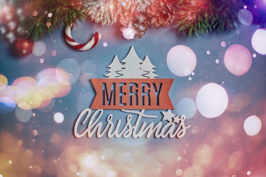 Christmas background with fir tree and decor. Top view with copy space