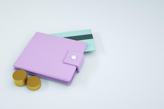 3D graphics, a model of a wallet with coins and a bank card on a white isolated background. pink wallet, close-up