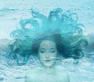 Double exposure beautiful mermaid young woman with blue hair and sea wave.