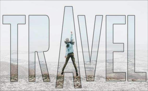 Double exposure of young woman jumping outdoor combined with word travel.