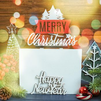 Christmas background with festive decoration and text , Merry Christmas and happy new year concept