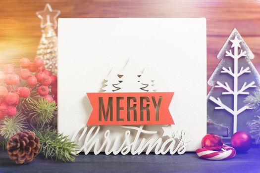 Christmas Decoration With Ornament And Defocused Lights , Christmas card with fir and decor on glitter background