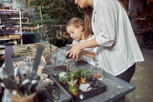 caucasian confident happy florist is working with her young daughter and making composition from glass stones and plants in botanic shop