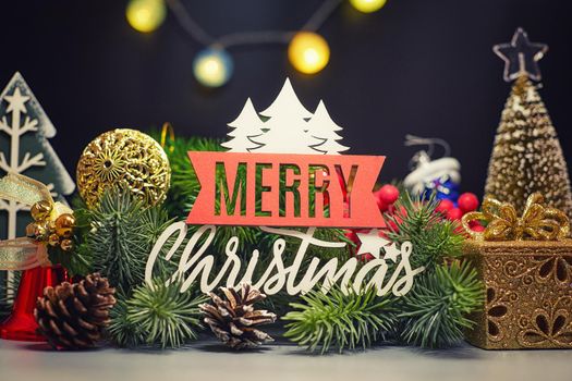 Christmas or New Year dark background, Xmas black board framed with season decorations, space for a text