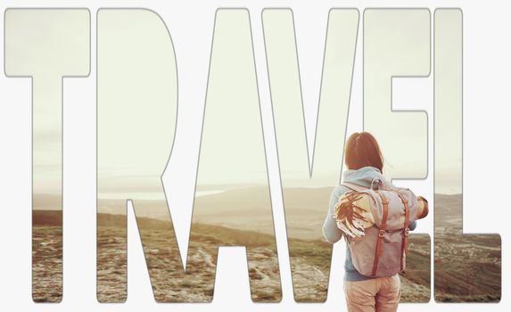 Double exposure image of young woman with backpack and word travel.