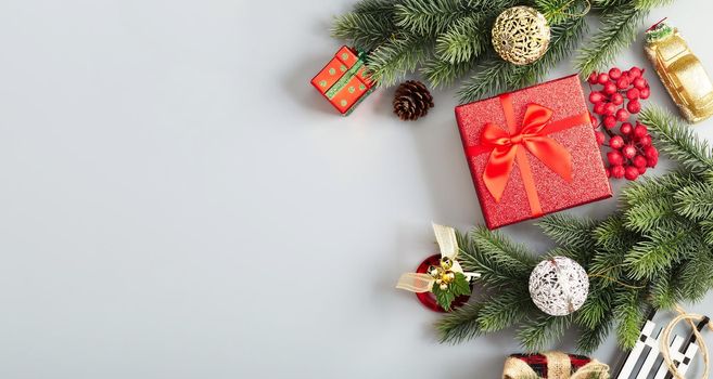 Christmas composition. Frame made of pine branches , Flat lay, top view, copy space