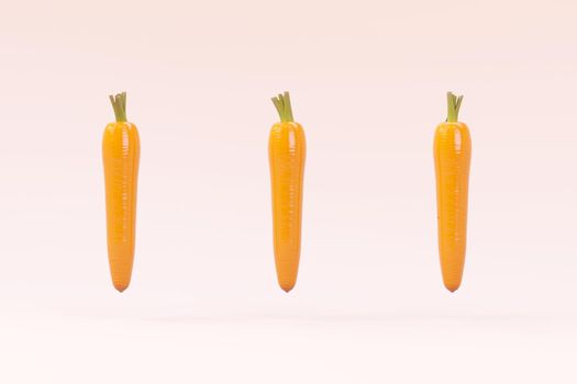 3D carrot objects on a white isolated background. 3D illustration with orange carrots, three orange carrots on the background. Carrots hanging in the air. 3D graphics