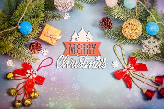 Christmas background with fir tree and decor. Top view with copy space ,  Christmas composition.