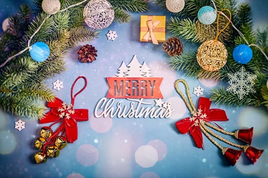 Christmas background with fir tree and decor. Top view with copy space ,  Christmas composition.