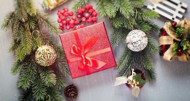 Christmas composition. Frame made of pine branches , Flat lay, top view, copy space