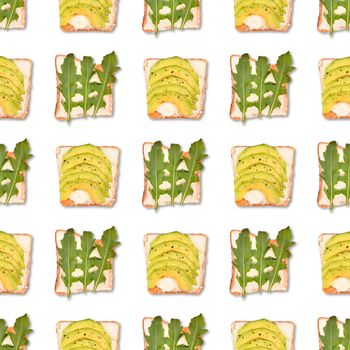 Sandwich or toast with toppings seamless pattern. Flat lay, top view. Pop art design, creative food concept.