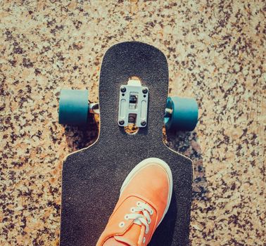 Female foot wearing in pink sneaker on longboard on road, top view.