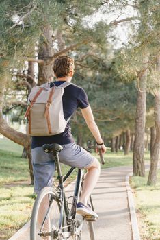 Young man riding on bicycle lane among trees in summer park, rear view.