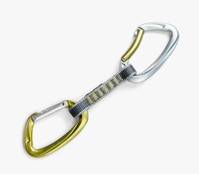 One climbing quickdraw isolated on a white background, top view.