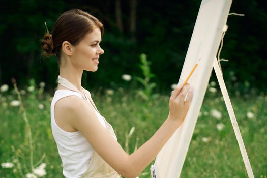 woman artist art drawing nature landscape hobby. High quality photo