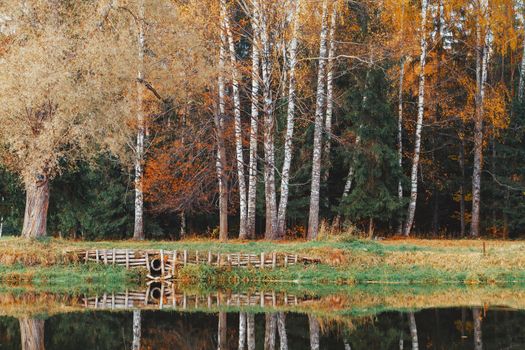 Autumn colorful forest and pond with reflection of trees.