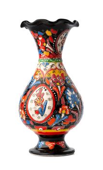 Oriental pottery porcelain vase on white background, close up