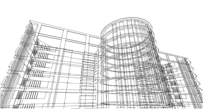 Abstract 3D building wireframe structure. Illustration construction graphic idea , Architectural sketch idea.