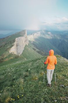 Hiker young woman with trekking poles walking on mountain ridge in summer, rear view.