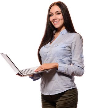 Pretty smiling girl of Asian in a denim jacket is opened notebook on white background