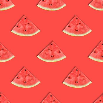 Flat layout of watermelon slices on pink or coral background. Watermelon seamless pattern. Summer fruit.