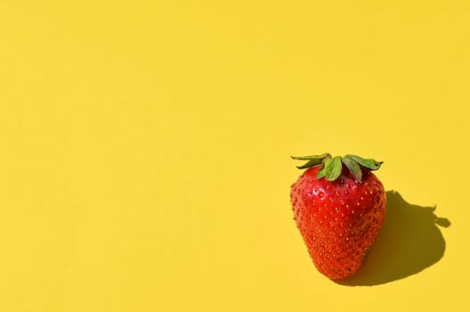 Fresh Strawberry close up. Strawberry isolated on bright yellow background. Free space