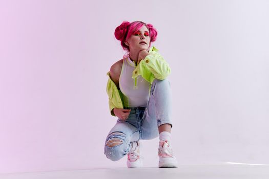 woman with pink hair teen fashionable clothes posing neon. High quality photo