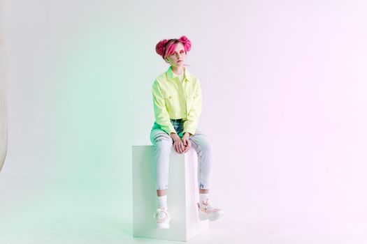 cheerful woman bright cosmetics party posing neon background. High quality photo